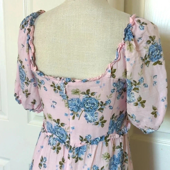 Gal Meets Glam Isabel Smocked Midi Dress Pink Blue Floral Print - Picture 6 of 8